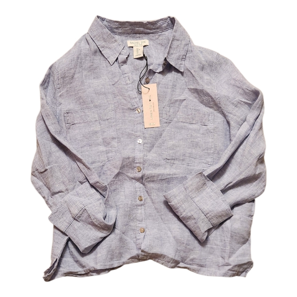 Rachel Zoe 100% Linen Blouse Button Up Top Womens Large Light Blue/Gray NWT